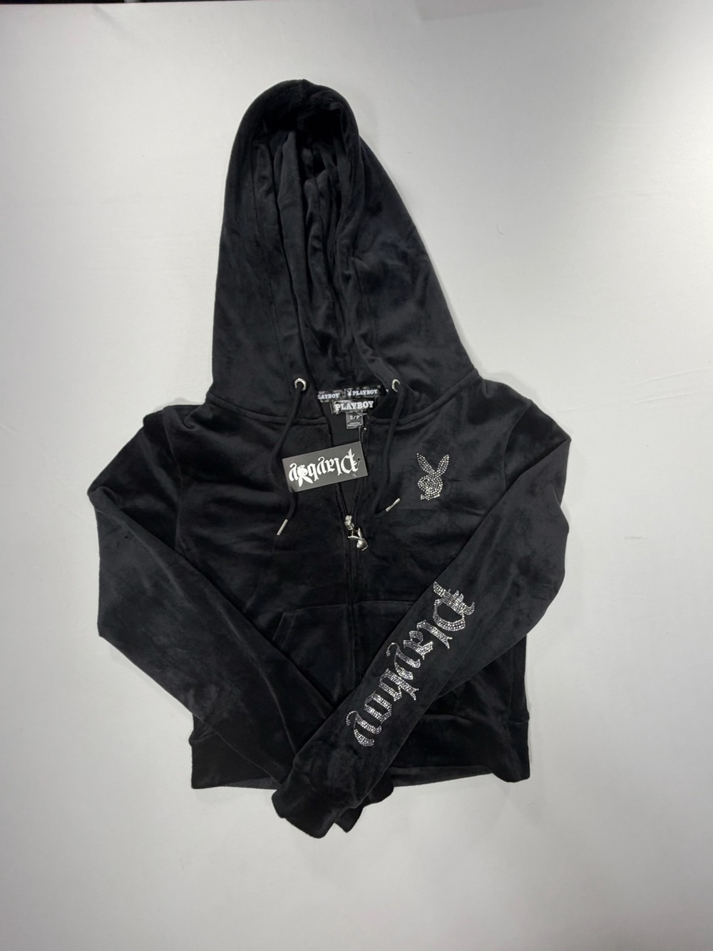 NWT Playboy Velour Hoodie Black Women’s S Rhinestone Y2K Full Zip - Picture 2 of 9